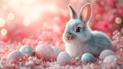 A small gray rabbit with Easter eggs on a pink background.