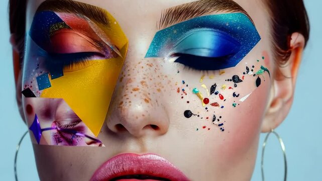 Contemporary art collage. Modern design. Female face made from different face parts of women of various races. Concept of beauty standards, multi ethnicity, friendship, diversity, human rights