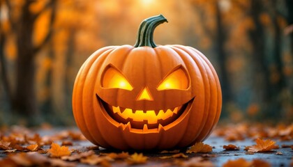 Jack-o'-lantern Glowing with Fall Leaves in Forest Setting