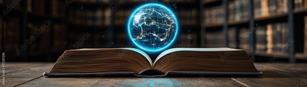 Poster an open book rests on a wooden surface, with a glowing globe hovering above it, set against a backdr