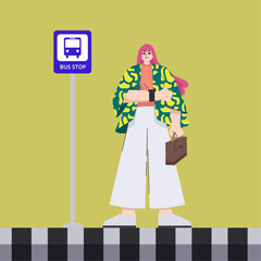 A Vector Illustration of a Stylish Woman Awaiting Public Transit at a Bus Stop in Contemporary Attire