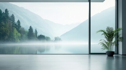 tranquil beautiful nature, cyan mountains and lake in foggy Spring morning, zen-like, soft lighting, minimalist style, cinematic style 