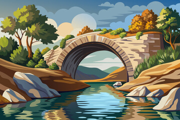 weathered stone arch bridge by a tranquil river with trees and beautiful sky