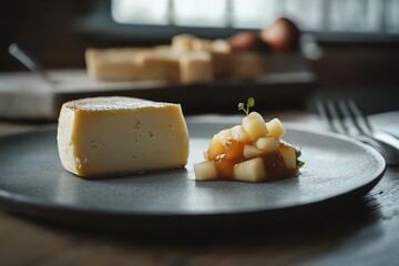 A grey plate holds a wedge of pale yellow cheese and a small portion of diced apples in a reddish-brown sauce. A blurred background shows additional cheese wedges