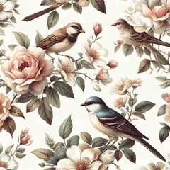 Fototapeta premium flowers and birds seamless watercolor pattern vintage retro