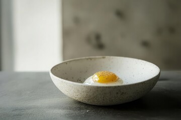 A single, cooked egg yolk sits in a speckled, off-white ceramic bowl on a dark gray surface. The yolk is bright yellow with a dusting of dark seasoning. The background is blurred