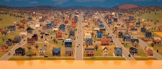 Obraz premium Aerial view of a suburban neighborhood with houses, trees, roads, and a horizon line