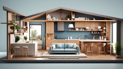 House cross section, view on bathroom, kitchen and living room, 3d illustration