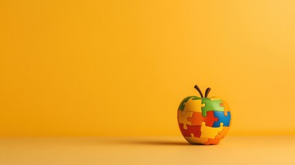 Colorful Puzzle Apple Toy on Bright Yellow Background for Educational Playtime Activities and Child Development Focused Environments