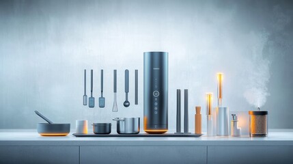 Modern kitchen tools on countertop, sleek design