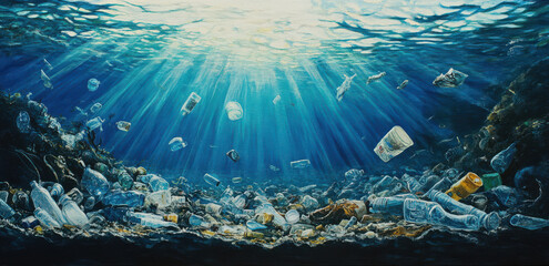 Naklejka premium Plastic bottles and waste floating in the ocean. Pollution of the sea concept