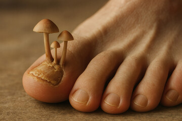 Conceptual fungus infection with mushrooms on human nail
