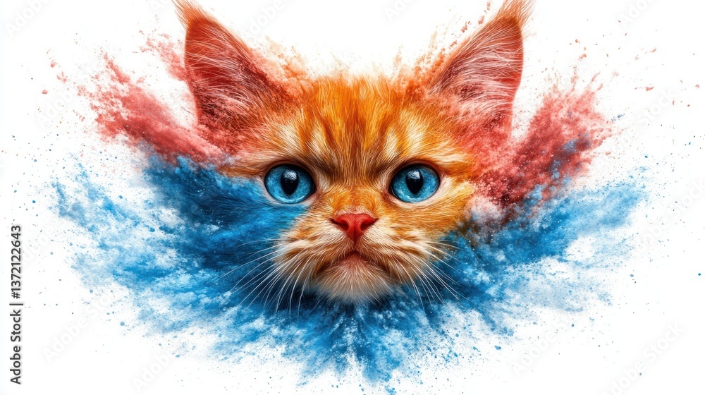 Fototapete A vibrant ginger kitten's portrait explodes with blue and red powder creating a dynamic artistic splash.