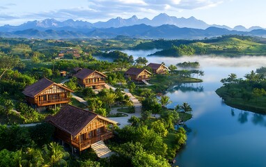 Fototapeta premium Mountain lake cabins with sunrise view.