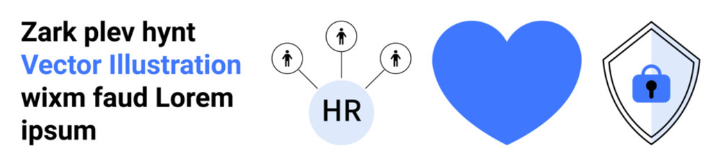 HR icon connects to figures, symbolizing people management. Blue heart reflects compassion. Shield with lock emphasizes security. Ideal for HR, teamwork, care, protection, training safety flat