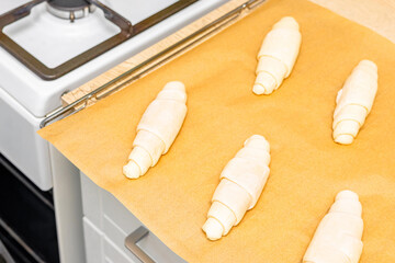 a tray of croissants in a home kitchen. making croissants at home. homemade baked goods. unbaked...