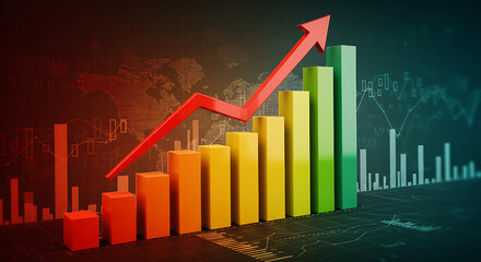 A vibrant 3D bar graph with a bold red arrow pointing upwards, illustrating growth, progress, and positive financial trends against a backdrop of technical data."
"Market Momentum: A dynamic visualiz