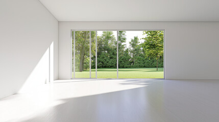 Fototapeta premium bright and airy minimalist living room featuring large windows that open to lush green patio, creating serene atmosphere