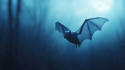 Dark and Mysterious Bat in Flight Against a Foggy Forest Background with a Haunting Blue Atmosphere and Enigmatic Lighting