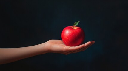 Hand Holding a Bright Red Apple with Leaf Against a Dark Background Featuring Vibrant Colors and Textures in a Close-Up Perspective