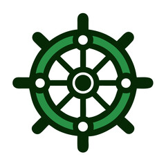 Obraz premium Green ship steering wheel icon in flat style