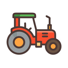 Obraz premium Red tractor icon with brown wheels in cartoon flat style