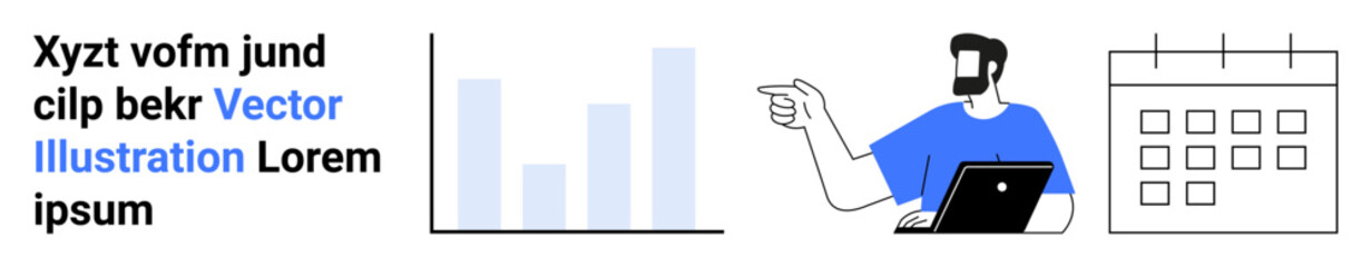 Man pointing at data chart with laptop, bar graph, and calendar. Ideal for analytics, planning, productivity, meetings, organization, strategy education flat landing page banner