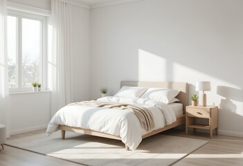 Sunlit Modern Bedroom: Minimalist Interior Design with a Calming Atmosphere