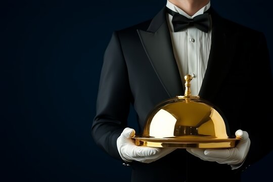 Man in tuxedo with golden platter presenting covered dish. Formal butler serving meal. Elegant service on special day for restaurant, catering, or hospitality theme use.