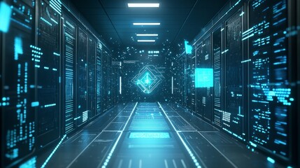 Fototapeta premium A futuristic AI powered cybersecurity system, monitoring digital threats in a high-tech data center, modern tech facility