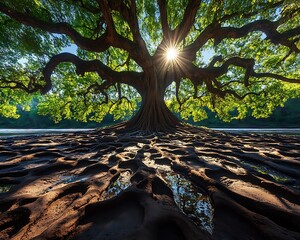 A massive ancient tree displays its roots and bright sun shining