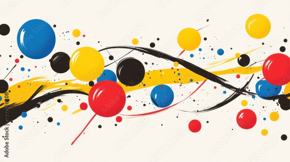 Aufkleber Abstract colorful painting with dynamic brushstrokes and vibrant circles creating a flowing wave design.