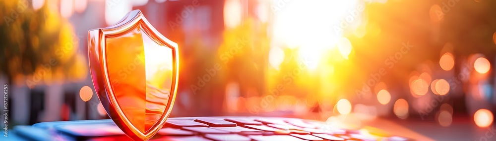 Poster cyber shield interface securing online finance data block urban setting technology concept sunset vi