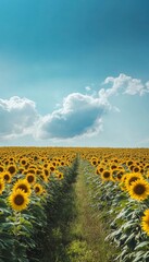 Obraz premium Serene sunflower field extending to the horizon under a clear blue sky with fluffy clouds