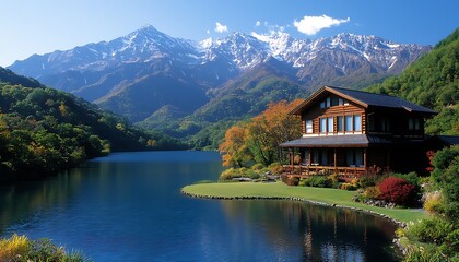 Fototapeta premium Mountain Lake House Autumn View.