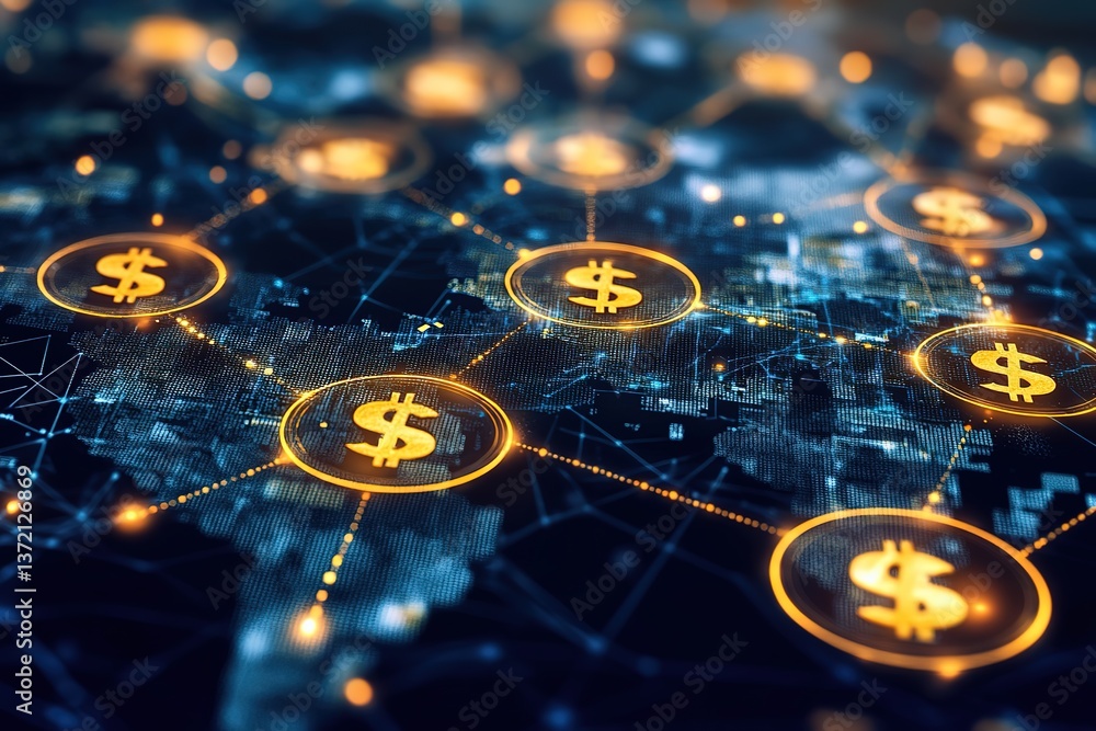 Poster global connectivity, seamless currency exchange and cross border money transfers visualized through 