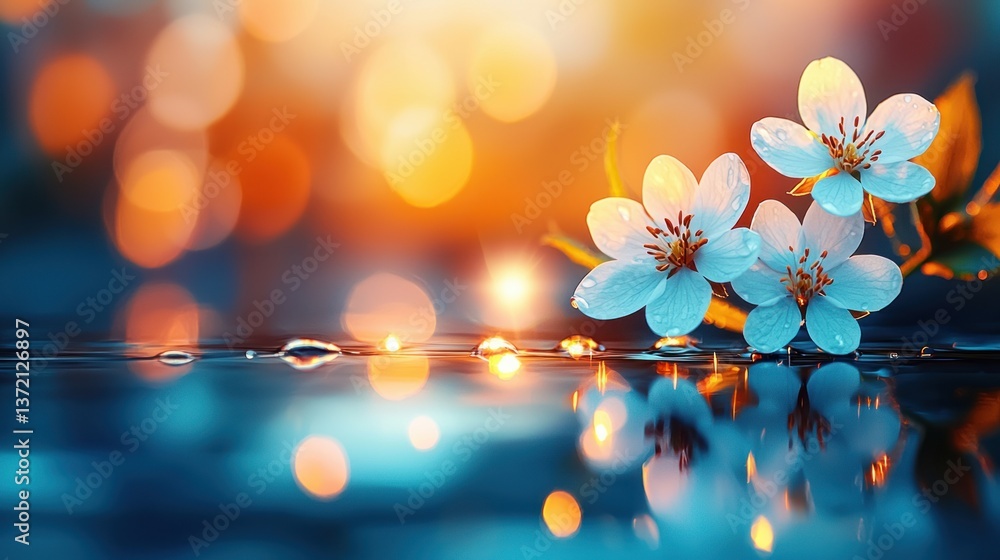 Poster delicate white blossoms with water droplets reflect in a tranquil blue pool at sunset creating a ser