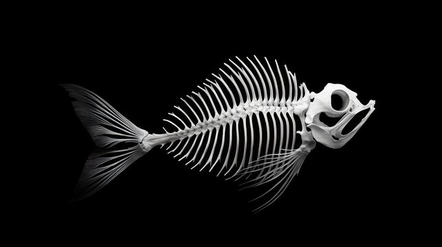Detailed Anatomical Study of a Fish Skeleton on a Black Background for Educational and Artistic Use in Biology and Marine Life Publications