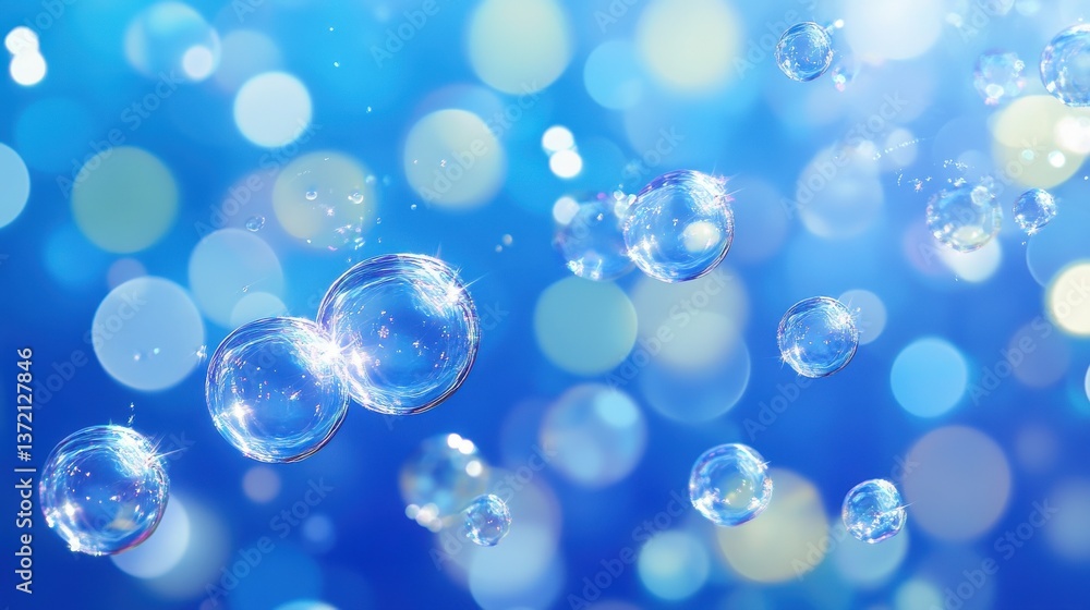 Poster a copy space image featuring a vibrant blue background adorned with a mesmerizing burst of bubbles i