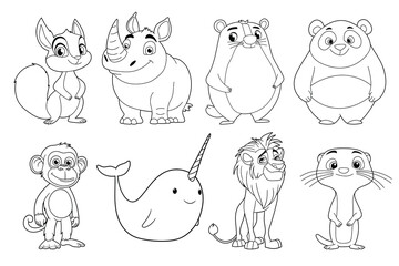 Obraz premium Outlined illustration of assorted cartoon animals like monkey, lion, panda, rhino, squirrel, whale, hamster and otter.