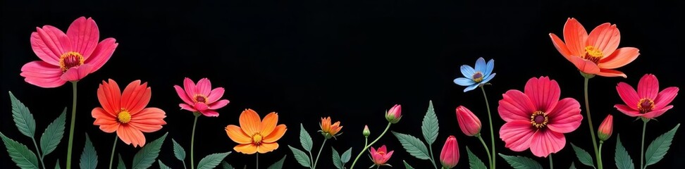 Fototapeta premium Colorful flowers blooming against a black backdrop, dark, floral