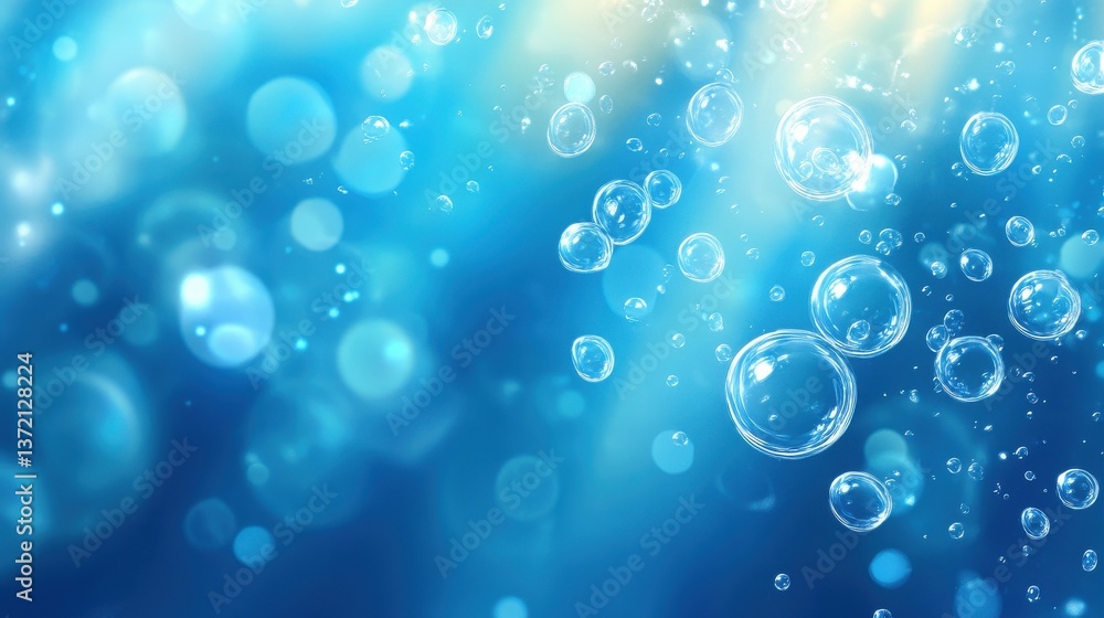 Poster a copy space image featuring a vibrant blue background adorned with a mesmerizing burst of bubbles i