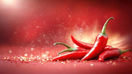 Fresh Red Chilies on a Red Background with Bokeh Sparks and Glittering Particles for Culinary, Spicy, and Vibrant Themed Designs