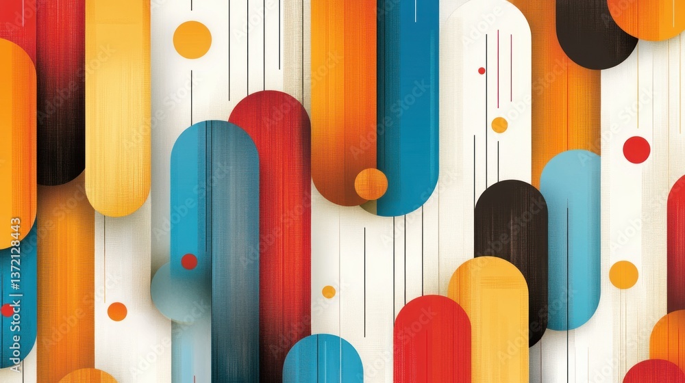 Aufkleber Abstract colorful geometric pattern with rounded rectangles and circles on a white background ideal for modern design projects.