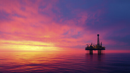 Fototapeta premium Offshore oil rig at sunset, reflecting vibrant colors on calm water, creating serene and dramatic atmosphere