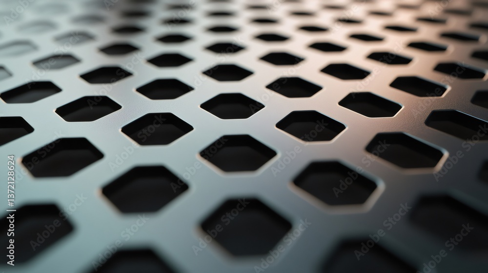 Poster industrial perforated metal sheet with hexagonal holes creating textured background