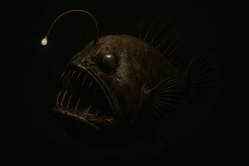 Black seadevil with bioluminescent lure and sharp teeth in the deep
