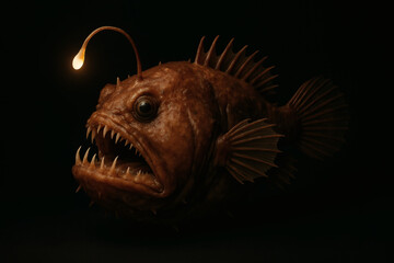 Menacing anglerfish with bioluminescent lure and sharp fangs