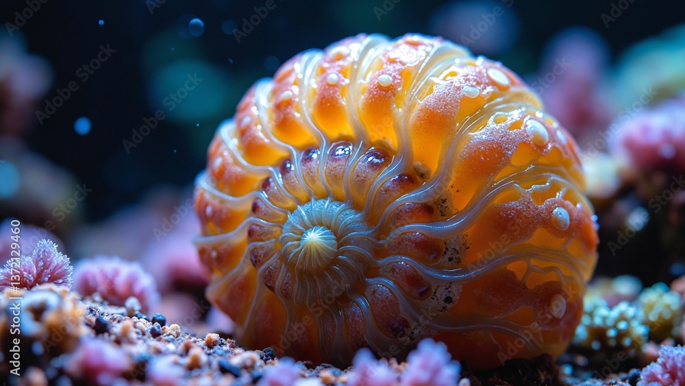 Fototapete Vibrant Close-up of a Nautilus Shell with Spiral Pattern and Colorful Hues in Magical Light Background for Natural Art and Design Inspiration