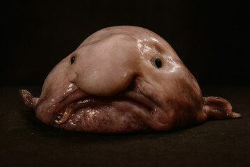 Unusual blobfish out of water showing gelatinous form and sad expression